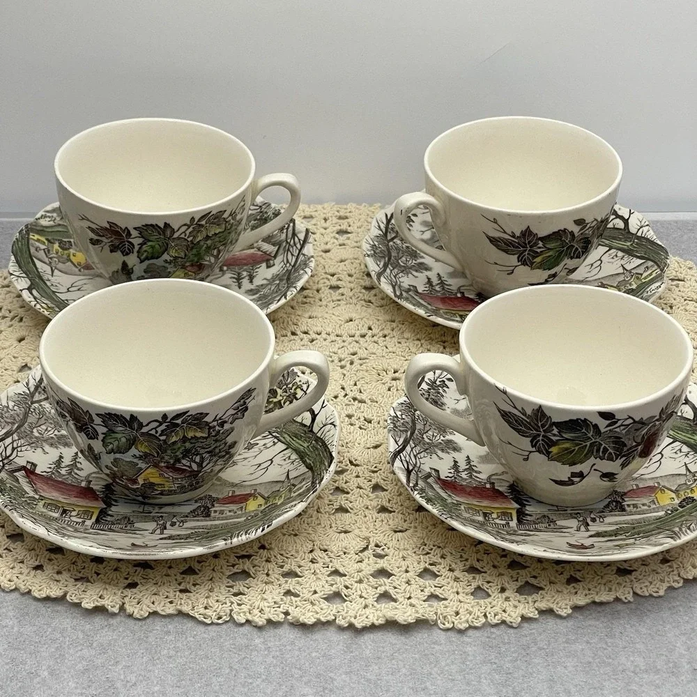 Vintage 1955 J & G Meakin Welcome Home Cups & Saucers Hand Painted Discontinued